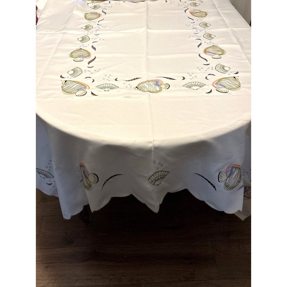 Embroidered Fish & Shells Sheen Tablecloth 68x86" Cutout Design beach ocean